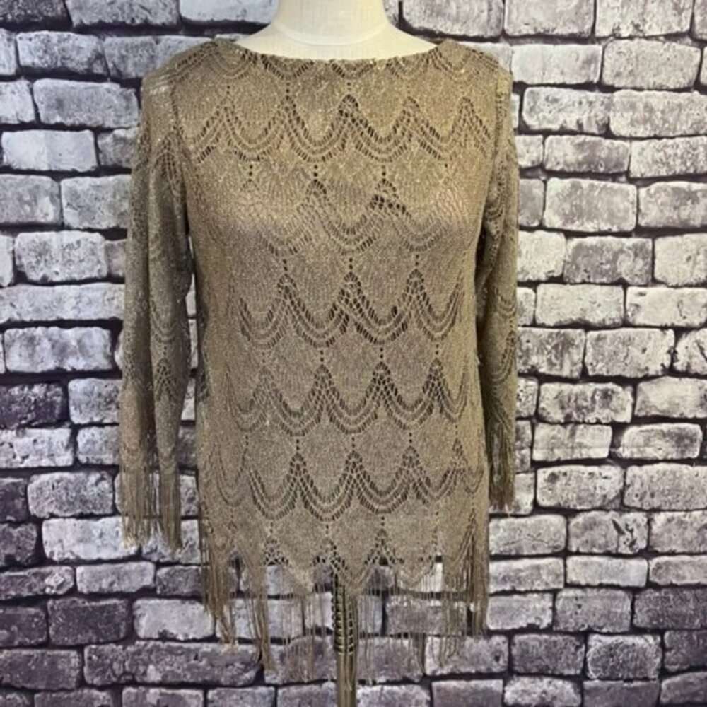 Chico's Gold Metallic Blouse With Fringe Size Small